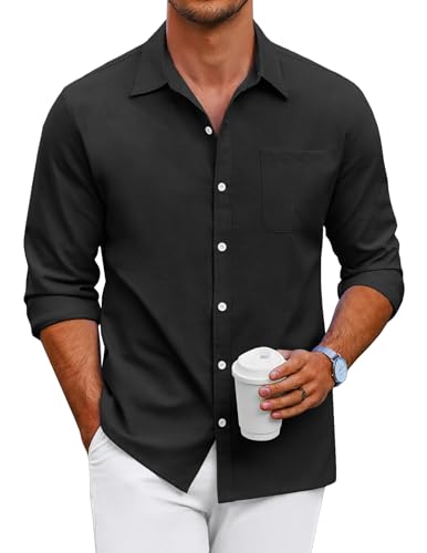COOFANDY Hemd Herren Langarm Hemden Baumwoll Business Regular Fit Oxfordhemd Oberhemd Button Down Hemd mit Brusttasche Schwarz L von COOFANDY