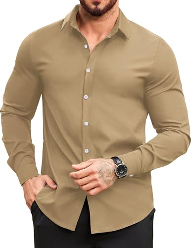 COOFANDY Hemd Herren Langarm Hemden Casual Freizeithemd Button Down Einfarbiges Businesshemd Männer Khaki XXXL von COOFANDY