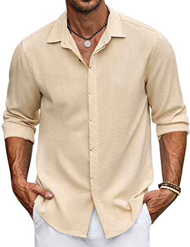 COOFANDY Hemd Herren Langarm Hemd Hemden Langarmhemd Männer Freizeithemd Leinenhemd Casual Einfarbig Comfort Fit Strand Khaki L von COOFANDY