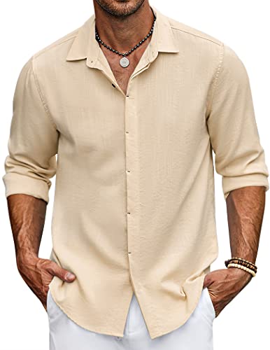 COOFANDY Hemd Herren Langarm Regular Fit Leinenhemden Freizeithemden Langarmhemd Sommerhemd Casual Langarm Shirts Strandhemd Regular Fit Khaki S von COOFANDY