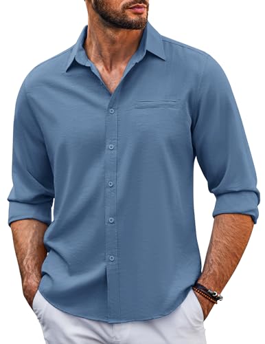 COOFANDY Hemd Herren Langarm Leinenhemd Sommerhemd Freizeithemd Leinen Casual Strandhemd mit Taschen Comfort Fit Navyblau XXXL von COOFANDY