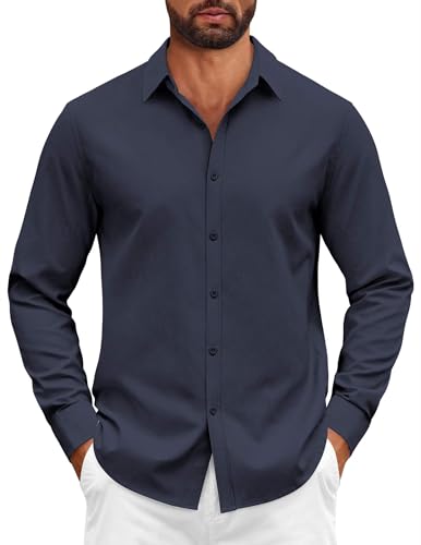 COOFANDY Hemd Herren Langarm Regular Fit Baumwolle Comfort Strech Hochzeit Freizeithemd Dunkel Blau XXL von COOFANDY