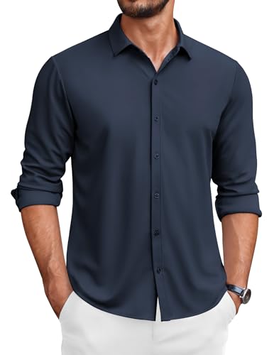 COOFANDY Herren Langarm Hemd Slim Fit Bügelfrei Business Freizeithemd Regular Fit Anzug Navyblau XXL von COOFANDY