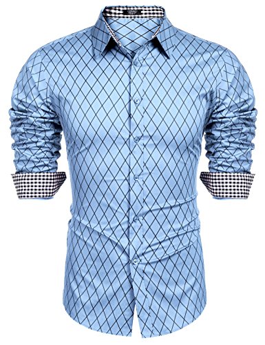 COOFANDY Hemd Herren Kariertes Freizeit Langarm Regular Fit Button Down Oberhemden mit Kariertes Kragen Blau L von COOFANDY