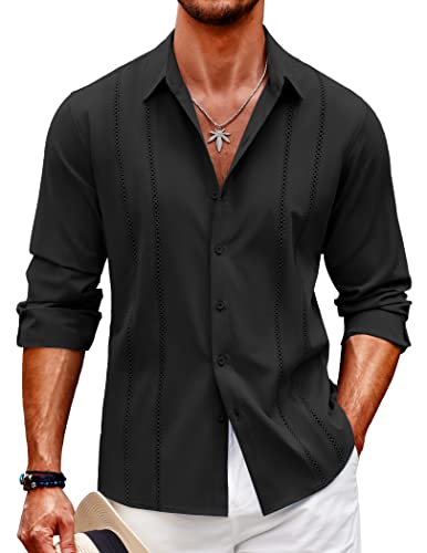 COOFANDY Hemd Herren Langarm Sommerhemd Casual Freizeithemd Leinenhemd Regular Fit Strand Shirts Schwarz XXL von COOFANDY