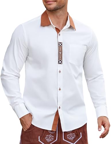 COOFANDY Hemd Herren Langarm Trachtenhemd Weiß Oktoberfest Hemd Bayrische Trachten Hemden Oktoberfest Herren Outfit Freizeithemd Herrenhemden Weiß-D 3XL von COOFANDY