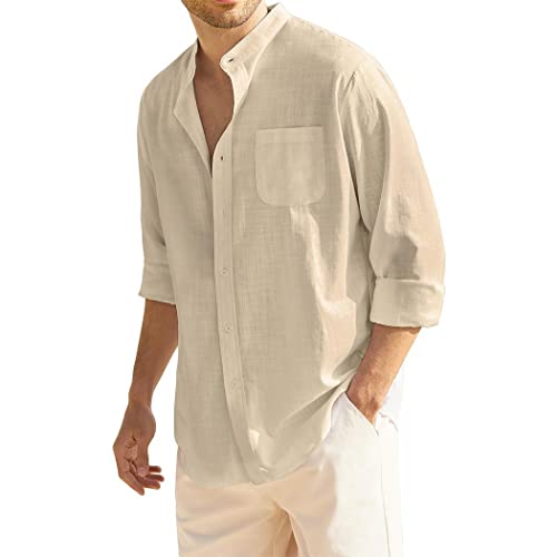 COOFANDY Hemd Herren Langarm ohne Kragen Sommer Hemden mit Brusttasche Regular Fit Hawaiihemd Langarmshirt Button Down Freizeit Sommer Hemden für Männer Khaki S von COOFANDY