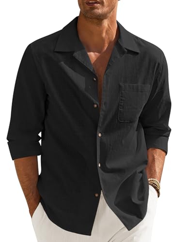 COOFANDY Hemd Herren Langarm Baumwolle Leinenhemd Regular Fit Casual Shirt Freizeithemd mit Brusttasche Schwarz XL von COOFANDY