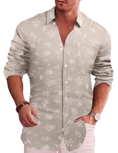 COOFANDY Hemd Herren Leinenhemd Langarm Sommerhemd Businesshemd Sommer Strand Freizeithemden Button Down Hemd Modische Grau-Weiß XXL von COOFANDY