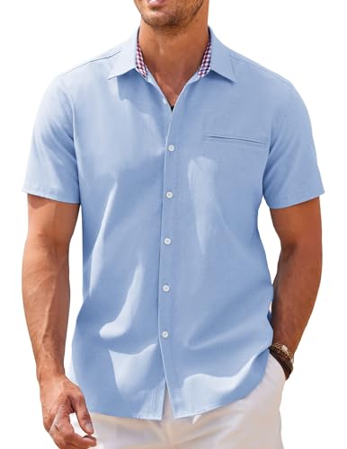 COOFANDY Hemden Herren Kurzarm Sommerhemd Oxford Strandhemd Button Down Businesshemd Baumwollhemd Chambray Shirt Casual Hemd Bügelfrei Comfort Fit Hellblau XL von COOFANDY