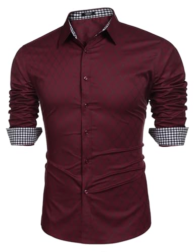 COOFANDY Hemden Herren Slim fit Langarm Freizeit Comfort Fit Baumwolle Moderne Westernhemd mit Kariertes Kragen Rot M von COOFANDY
