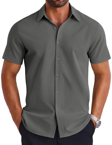 COOFANDY Hemd Herren Sommer Kurzarm Businesshemd für Männer Regular Fit Button Down Shirt Bügelfrei Dunkelgrau L von COOFANDY