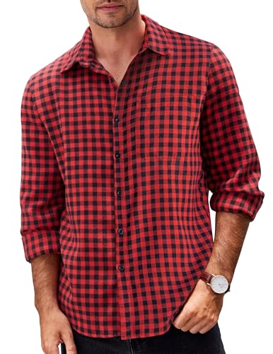 COOFANDY Hemd Kariert Herren Flanellhemden Langarm Karohemd Freizeithemden Holzfällerhemd Casual Trachtenhemd Schwarz Rot XXL von COOFANDY
