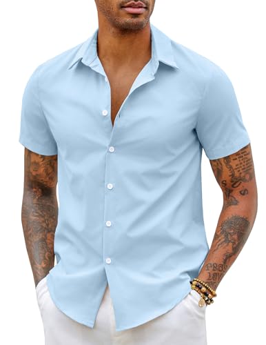 COOFANDY Hemd Kurzarm Herren Businesshemd Sommerhemd Kurzarmhemd Freizeithemd Herrenhemd Kurzarm Einfarbig Basic Shirt Button Down Hemd Blau 3XL von COOFANDY