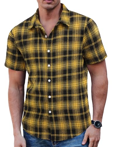 COOFANDY Hemd Kurzarm Herren Kariertes Flanellhemd Herren Kurzarm Karohemd Freizeithemd Sommer Regular Fit Schwarz Gelb XL von COOFANDY