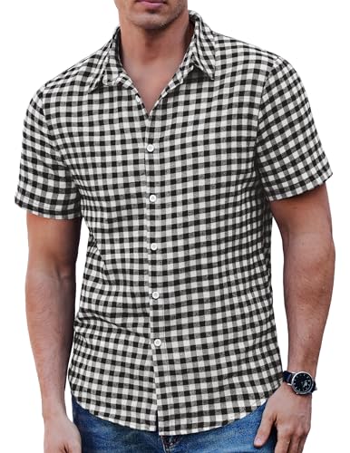 COOFANDY Hemd Kurzarm Herren Kariertes Flanellhemd Herren Kurzarm Karohemd Freizeithemd Sommer Regular Fit Weiß Schwarz M von COOFANDY