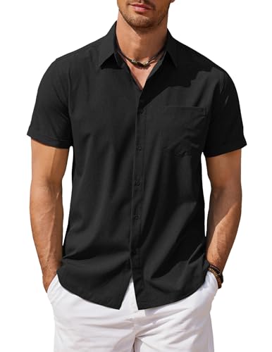 COOFANDY Hemd Kurzarm Herren Sommerhemd Freizeithemd Strand Hemd Kurzarm Herren Businesshemd Regular Fit mit Brusttasche Schwarz XXL von COOFANDY
