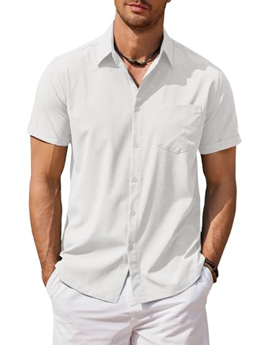 COOFANDY Hemd Kurzarm Herren Sommerhemd Freizeithemd Strand Hemd Kurzarm Herren Businesshemd Regular Fit mit Brusttasche Weiß L von COOFANDY
