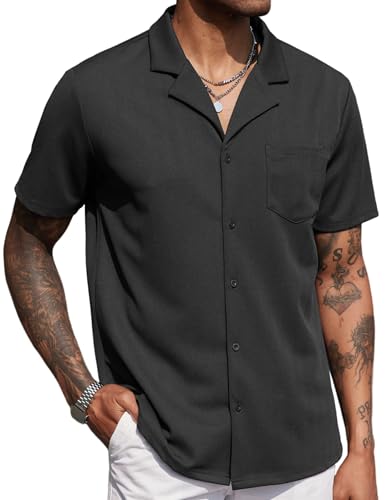 COOFANDY Hemd Sommer Herren Strand Freizeithemd Kurzarm Resort Hemd Herren Bügelfrei Cuban Collar Shirt Männer Regular Fit Sommerhemd Schwarz XL von COOFANDY