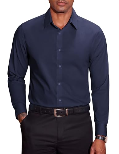 COOFANDY Hemd für Herren Langarm Baumwolle Bügelleichtes Businesshemden Unifarben Regular Fit Freizeithemden Männer Anzug Hemden Marineblau L von COOFANDY