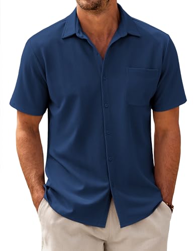 COOFANDY Herren Hemd Kurzarm Freizeithemd Regular Fit Fischgrätmuster Hemden mit Tasche Strandhemd Textured Shirt Navy S von COOFANDY