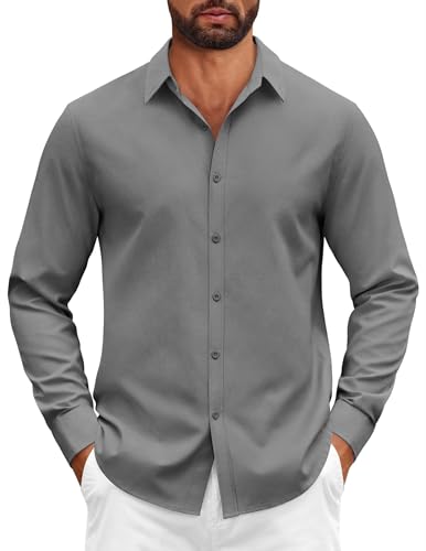 COOFANDY Hemden Herren Baumwolle Langarm Stretch Buttom down Hochzeit Comfort Fit Businesshemd Mittel Grau M von COOFANDY