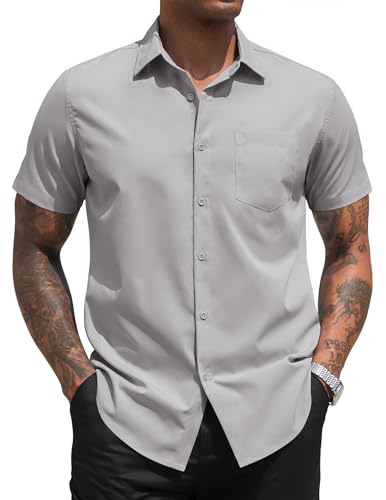 COOFANDY Herren Hemden Kurzarm Businesshemden für Herren Kurzarmhemden Freizeithemd Casual Business Sommerhemd Herrenhemden Kurzarm Männer Hemd Einfarbig Hellgrau L von COOFANDY