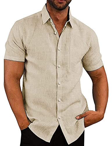 COOFANDY Hemden Herren Kurzarm Leinenhemd Freizeithemd Sommer Hemd T-Shirt Leinenshirt, Kurzarmhemd weich und bequem Basic Men´s Shirt Leichtes Khaki L von COOFANDY