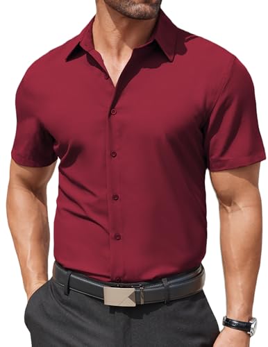 COOFANDY Hemd Herren Kurzarm Business Hemd Bügelfrei Kurzarmhemd Stretch Einfarbig Herrenhemden Kurzarm Freizeithemd Weinrot L von COOFANDY