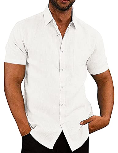COOFANDY Hemd Herren Kurzarm Leinenhemd Freizeithemden Leicht Sommerhemd mit Brusttasche Baumwolle Kurzarmhemd Strandhemden Basic Shirt Reines Weiß L von COOFANDY