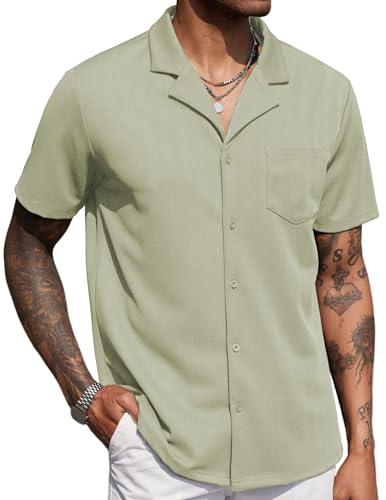 COOFANDY Hemden Herren Kurzarm Freizeithemden für Herren Cuban Hemd mit Reverskragen Sommerhemd Männer Strickhemd Sommer Graugrün L von COOFANDY