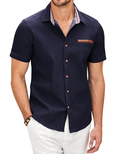 COOFANDY Hemden Herren Kurzarm Jeanshemd Sommer Hemden Denim Shirt Kariert Freizeit Kurzarm für Herren Kurzarmhemd Slim Fit Strand Hemd Männer Navy Blau M von COOFANDY