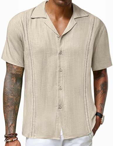 COOFANDY Hemden Herren Kurzarm Leinen Guayabera Freizeithemden für Männer Cuban Hemd Sommerhemd Männer Khaki S von COOFANDY