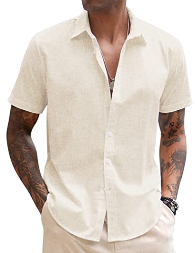 COOFANDY Leinen Hemden Herren Kurzarm Sommerhemd Regular Fit Buissness Hemd Strand Freizeithemd Basic Shirt Creme Farben 2XL von COOFANDY