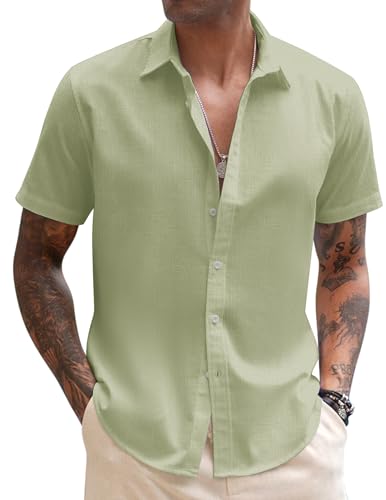 COOFANDY Herren Hemden Kurzarm Leinen Hemd Strand Herrenhemd Leichtes Sommerhemd Regular Fit Urlaubhemd mit Eisgrün L von COOFANDY