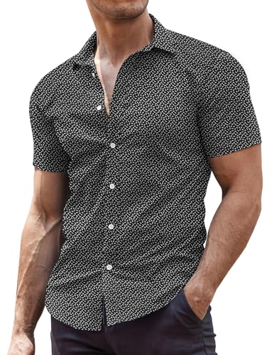 COOFANDY Hemden Herren Kurzarm Regular Fit Herrenhemden Freizeithemden Businesshemd Stretch Musterhemd Casual Herrenhemden Sommer Bürohemd C-Schwarz L von COOFANDY