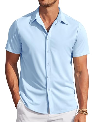 COOFANDY Herren Kurzarm Freizeithemden Sommer Casual Bügelfrei Button Down Strand Shirts Herren Sommer Himmelblau XL von COOFANDY