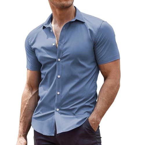 COOFANDY Hemden Herren Kurzarm Sommer Hemd Herrenhemden Kurzarm Businesshemd Freizeithemden für Herren Kurzarmhemd Hemd Männer Herrenhemd Kurzarm Denim Blue L von COOFANDY