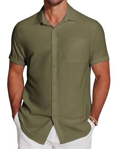 COOFANDY Hemden Herren Kurzarm Sommer Kurzarmhemd Strand Leichtes Sommerhemd Männer Hemden mit Brusttasche Armeegrün S von COOFANDY