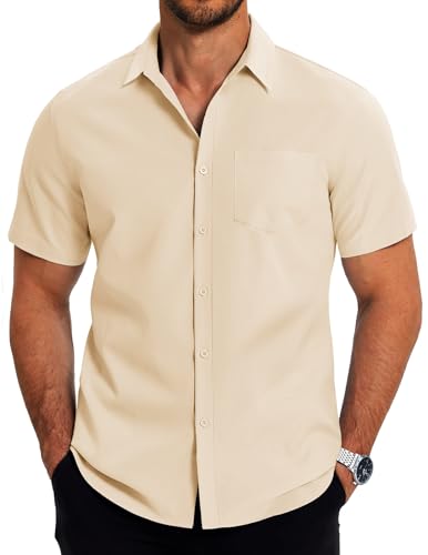 COOFANDY Hemden Herren Kurzarm Sommerhemd Herrenhemd Kurzarm Business Hemden Männer Modern Basic Shirts Kurzarmhemd Freizeithemden für Herren Button Down Büro Hemd Helles Khaki S von COOFANDY
