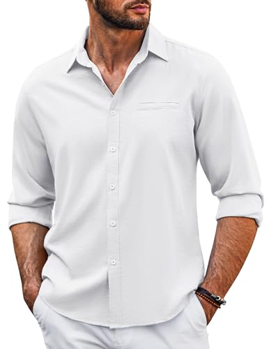 COOFANDY Hemden Herren Langarm Leinenhemd Sommerhemd mit Brusttasche Freizeithemden für Männer Langarmshirt Casual Regular Fit Bluse Weiß XXXL von COOFANDY