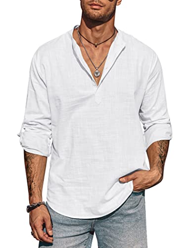 COOFANDY Hemden Herren Langarm Leinenshirt aus Baumwolle Leinen Kurzen Kragen Regular Fit Sommer Leinenhemd für Männer Weiße M von COOFANDY