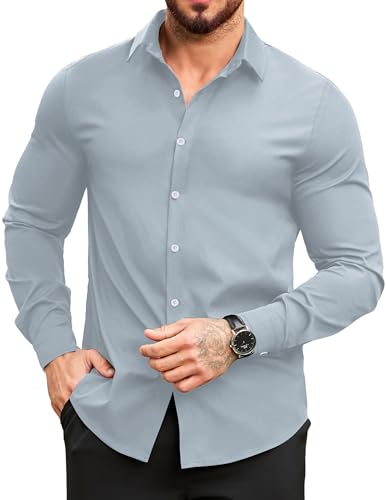 COOFANDY Hemden Herren Langarm Stretch Freizeithemden Langarm Hemd Bügelfrei Businesshemden Regular Fit Hochzeit Hemd Hellblau XXL von COOFANDY