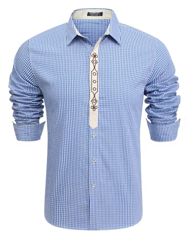 COOFANDY Trachtenhemd Herren Slim fit Oktoberfest Hemd Kariert Oktoberfest Herren Outfit Baumwolle Bayrisches Hemd Männer Trachten Hemden Bierfest Oberteil Karohemd Himmelblau 3XL von COOFANDY