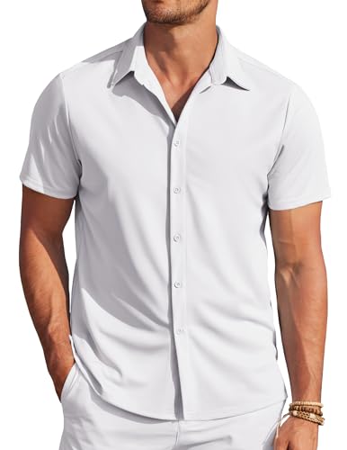 COOFANDY Hemden Kurzarm Herren Casual Sommerhemd Bügelfrei Freizeithemden Für Herren Urlaub Strand Shirt Regular Fit Weiß XXL von COOFANDY