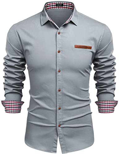 COOFANDY Hemden Langarm Herren Bügelleicht Hemden Modern Langarmhemd Business Hochzeit Freizeit Hemd Slim Fit Kentkragen Hemd Karierter Kragen Hellgrau L von COOFANDY