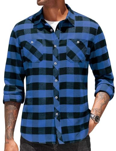 COOFANDY Flanellhemd Herren Langarm Baumwollhemd Karohemd Holzfällerhemd Kariert Herrenhemd mit Taschen Regular Fit Oberhemden Arbeitshemd Blau & Schwarz XL von COOFANDY