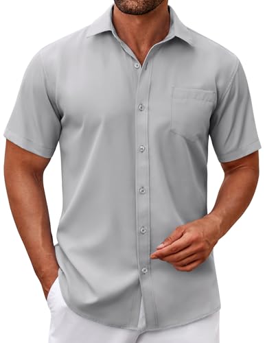 COOFANDY Hemden für Herren Kurzarm Herrenhemd Casual Freizeithemd Sommerhemd Button Down Business Shirt Regular fit Hellgrau S von COOFANDY