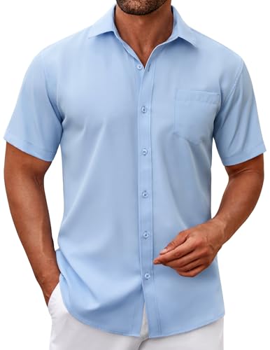 COOFANDY Hemden für Herren Kurzarmhemd Sommer Businesshemd Kurzarm Freizeit Herrenhemd mit Brusttasche Einfarbig Hellblau XXL von COOFANDY
