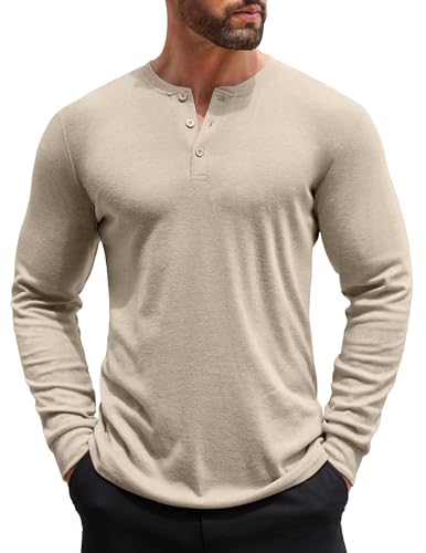 COOFANDY Henley Langarmshirt Herren Longsleeve Freizeit T-Shirt für Männer Einfarbig Basic Shirt mit Knopfleiste Beige XXL von COOFANDY